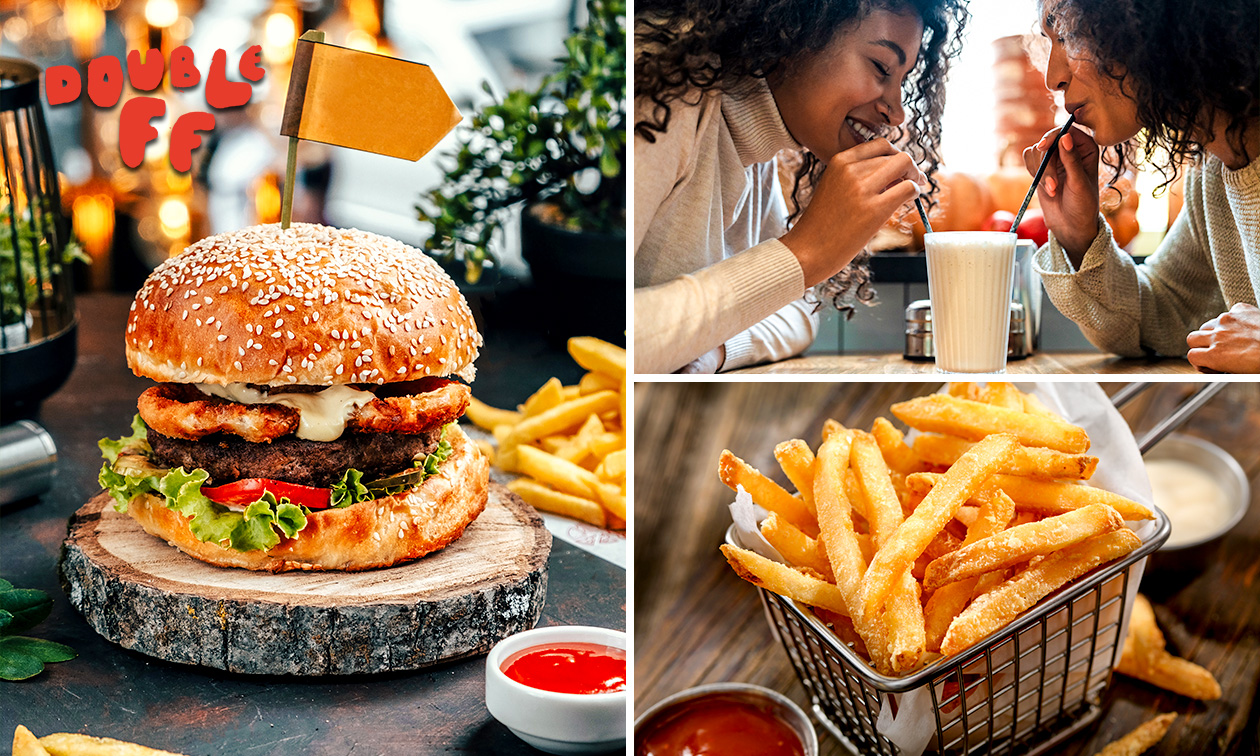 Burgermenu met burger naar keuze, milkshake, saus en friet