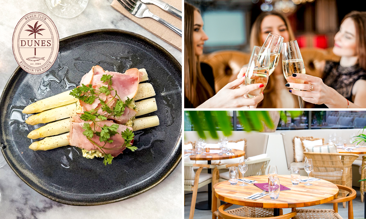 3-gangen aspergediner of -lunch + glas bubbels bij Dunes Beachclub
