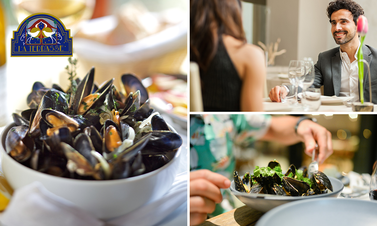 Mossellunch of -diner met frietjes + evt. dame blanche bij La terrasse du pêcheur