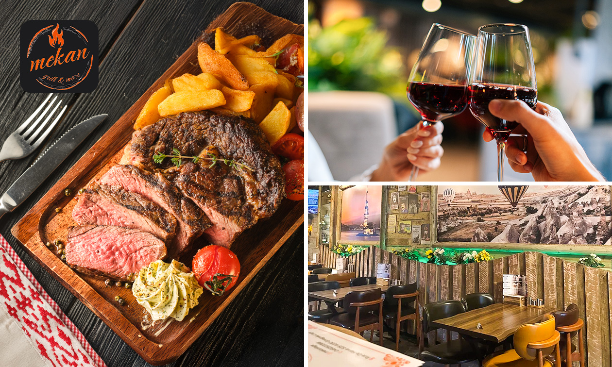 Steak premium + verre de vin au restaurant Mekan