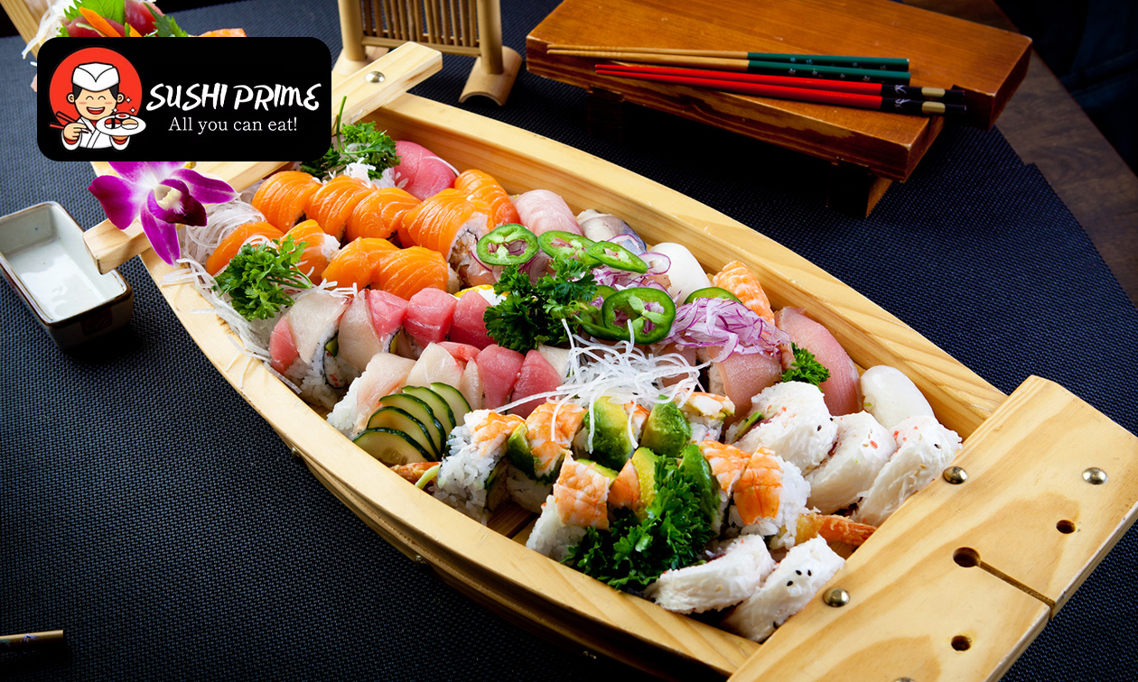Sushiboot voor 2 personen (48 stuks) + 6 loempia's voor afhaal bij Sushi Prime