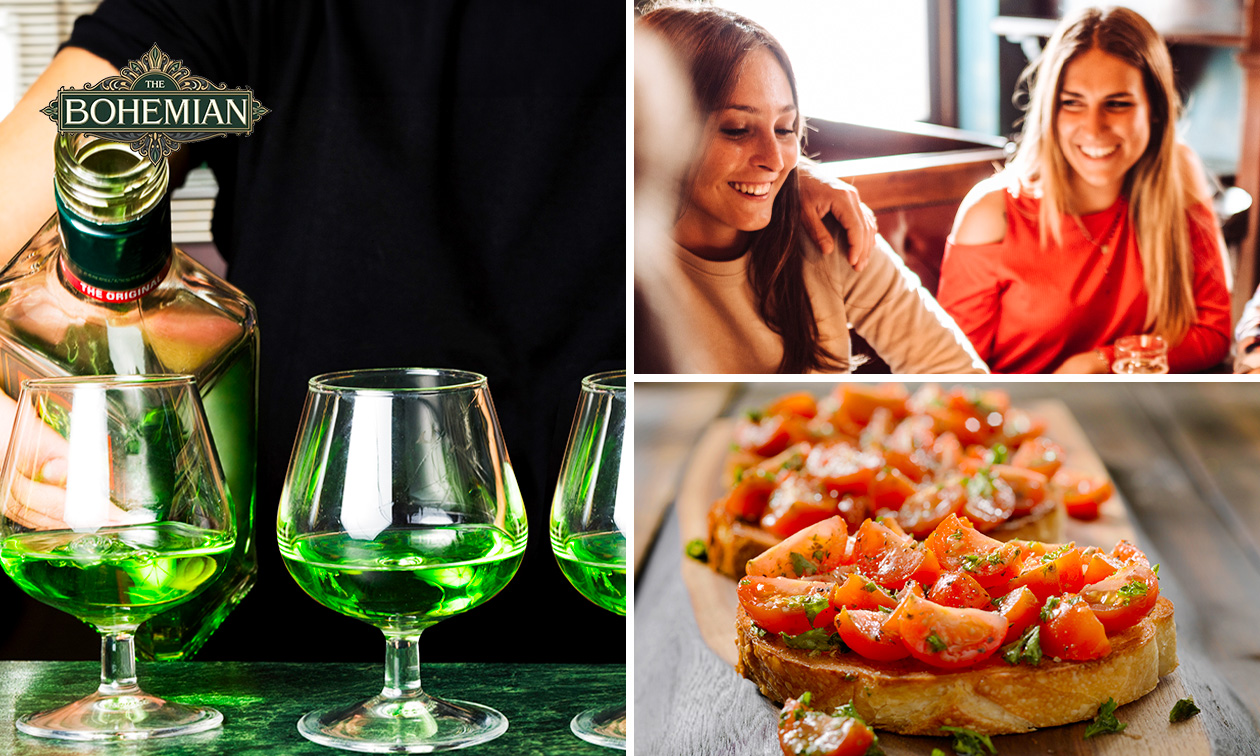 Glas of karaf absint + 2 of 4 bruschetta's van de chef