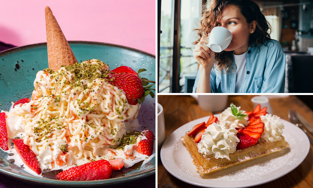 Waffel oder Eisbecher + Heißgetränk nach Wahl