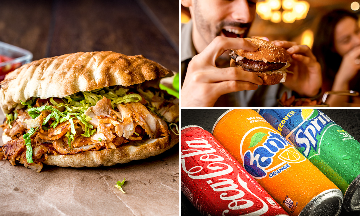 Burger of schotel + friet + saus + frisdrank + eclair